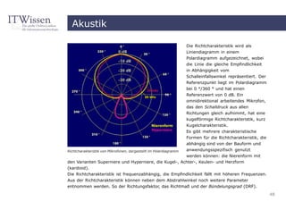 Akustik

                                                                   Die Richtcharakteristik wird als
                                                                   Liniendiagramm in einem
                                                                   Polardiagramm aufgezeichnet, wobei
                                                                   die Linie die gleiche Empfindlichkeit
                                                                   in Abhängigkeit vom
                                                                   Schalleinfallswinkel repräsentiert. Der
                                                                   Referenzpunkt liegt im Polardiagramm
                                                                   bei 0 °/360 ° und hat einen
                                                                   Referenzwert von 0 dB. Ein
                                                                   omnidirektional arbeitendes Mikrofon,
                                                                   das den Schalldruck aus allen
                                                                   Richtungen gleich aufnimmt, hat eine
                                                                   kugelförmige Richtcharakteristik, kurz
                                                                   Kugelcharakteristik.
                                                                   Es gibt mehrere charakteristische
                                                                   Formen für die Richtcharakteristik, die
                                                                   abhängig sind von der Bauform und
                                                       anwendungsspezifisch genutzt
Richtcharakteristik von Mikrofonen, dargestellt im Polardiagramm
                                                       werden können: die Nierenform mit
den Varianten Superniere und Hyperniere, die Kugel-, Achter-, Keulen- und Herzform
(kardioid).
Die Richtcharakteristik ist frequenzabhängig, die Empfindlichkeit fällt mit höheren Frequenzen.
Aus der Richtcharakteristik können neben dem Abstrahlwinkel noch weitere Parameter
entnommen werden. So der Richtungsfaktor, das Richtmaß und der Bündelungsgrad (DRF).
                                                                                                             48
 