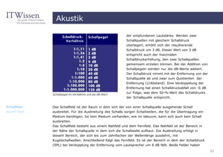 Akustik

                                                           der empfundenen Lautstärke. Werden zwei
                                                           Schallquellen mit gleichem Schalldruck
                                                           überlagert, erhöht sich der resultierende
                                                           Schalldruck um 3 dB. Dieser Wert von 3 dB
                                                           entspricht auch der maximalen
                                                           Schalldruckerhöhung, den zwei Schallquellen
                                                           gemeinsam erzielen können. Bei der Addition von
                                                           Schallpegeln werden nur die dB-Werte addiert.
                                                           Der Schalldruck nimmt mit der Entfernung von der
                                                           Schallquelle ab und zwar zum Quotienten der
                                                           Entfernung (1/Abstand). Eine Verdoppelung der
                                                           Entfernung hat einen Schalldruckabfall von -6 dB
                                                           zur Folge, was dem 50-%-Wert des Schalldrucks
              Schallpegel im Verhältnis und als dB-Wert
                                                           der Schallquelle entspricht.


Schallfeld    Das Schallfeld ist der Raum in dem sich der von einer Schallquelle ausgehende Schall
sound field   ausbreitet. Für die Ausbreitung des Schalls sorgen Schallwellen, die für die Übertragung ein
              Medium benötigen. Ist kein Medium vorhanden, wie im Vakuum, kann sich auch kein Schall
              ausbreiten.
              Das Schallfeld besteht aus einem Nahfeld und dem Fernfeld. Das Nahfeld ist der Bereich in
              der Nähe der Schallquelle in dem sich die Schallwelle aufbaut. Die Ausbreitung erfolgt in
              diesem Bereich, der sich bis zum zehnfachen der Wellenlänge ausdehnt, mit
              Kugelschallwellen. Anschließend folgt das Fernfeld. Es ist der Bereich in dem der Schalldruck
              (SPL) bei Verdopplung der Entfernung vom Lautsprecher um 6 dB fällt. Beide Felder haben
                                                                                                              52
 