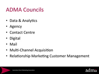 ADMA	
  Councils	
  
•    Data	
  &	
  Analy*cs	
  
•    Agency	
  
•    Contact	
  Centre	
  
•    Digital	
  
•    Mail	
  
•    Mul*-­‐Channel	
  Acquisi*on	
  
•    Rela*onship	
  Marke*ng	
  Customer	
  Management	
  
     	
  

      Australian	
  Direct	
  Marke*ng	
  Associa*on	
  
 