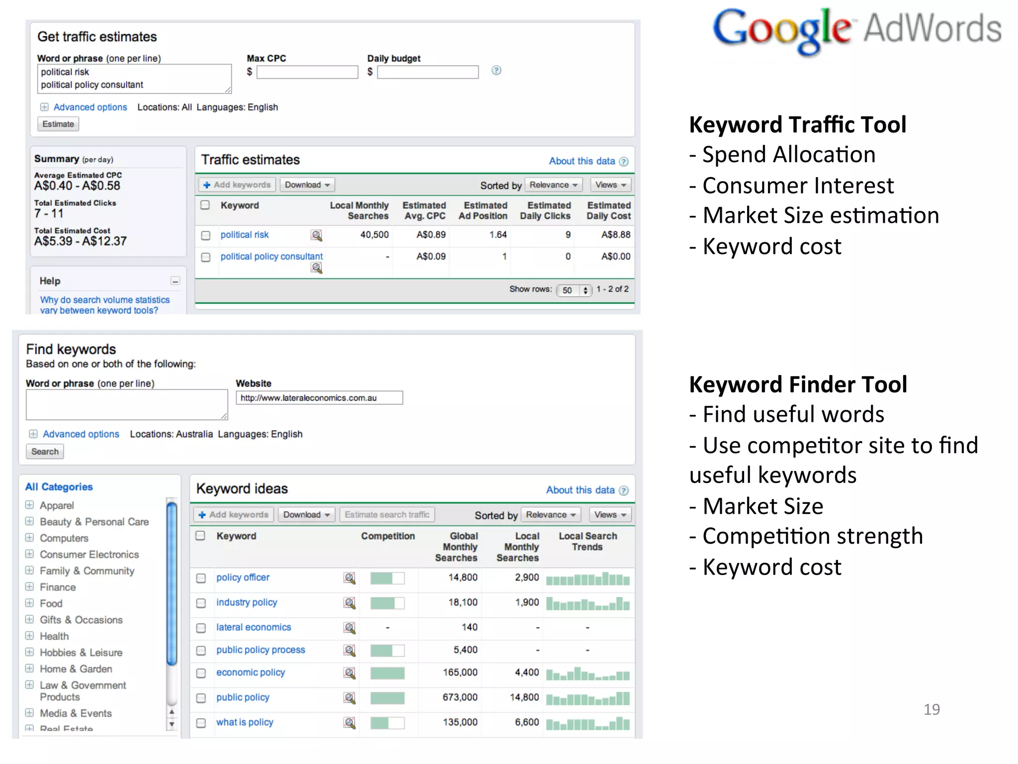 Keyword	
  Traﬃc	
  Tool	
  
                                                    -­‐ 	
  Spend	
  Alloca,on	
  
                                                    -­‐ 	
  Consumer	
  Interest	
  
                                                    -­‐ 	
  Market	
  Size	
  es,ma,on	
  
                                                    -­‐ 	
  Keyword	
  cost	
  




                                                    Keyword	
  Finder	
  Tool	
  
                                                    -­‐ 	
  Find	
  useful	
  words	
  
                                                    -­‐ 	
  Use	
  compe,tor	
  site	
  to	
  ﬁnd	
  
                                                    useful	
  keywords	
  
                                                    -­‐ 	
  Market	
  Size	
  
                                                    -­‐ 	
  Compe,,on	
  strength	
  
                                                    -­‐ 	
  Keyword	
  cost	
  




14/11/12	
     ©	
  Datalicious	
  Pty	
  Ltd	
                                           19	
  
 