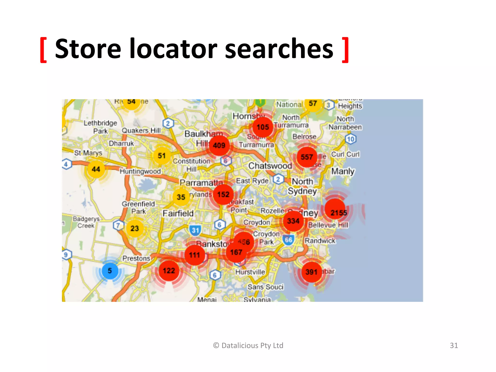 [	
  Store	
  locator	
  searches	
  ]	
  




                      ©	
  Datalicious	
  Pty	
  Ltd	
     31	
  
 