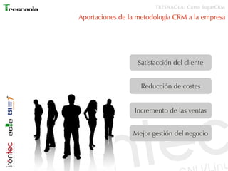 TRESNAOLA: Curso SugarCRM

Aportaciones de la metodología CRM a la empresa




                  Satisfacción del cliente


                   Reducción de costes


                 Incremento de las ventas


                 Mejor gestión del negocio
 