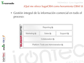 TRESNAOLA: Curso SugarCRM

            ¿Qué me ofrece SugarCRM como herramienta CRM? (I)

●   Gestión integral de la información comercial en todo el
    proceso:
 