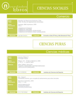 5

n ovedades                                         CIENCIAS SOCIALES
            libros
            i
                                                                                      Comercio
 Autor          Ministerio de Relaciones Exteriores, Chile
 Título         Chile: 20 años de negociaciones comerciales

 Editor         Santiago: B&B impresores, 2009
 Descripción    303 p.

 Materias       COMERCIO EXTERIOR
                COMERCIO--HISTORIA
                COMERCIO EXTERIOR--LEGISLACION
                COMERCIO EXTERIOR--CHILE--LEGISLACION

   Ubicación    382.983 Ch537c                Colección       Consulta en Sala (5º Piso) y Alta Demanda (4º Piso)




                                                      CIENCIAS PURAS
                                                                  Ciencias médicas
 Autor          Ganong, William F.
 Título         Fisiología médica
 Editor         México, D.F. : El Manual Moderno, 2006
 Descripción    x, 791 p. : il., cuadros, gráfs.
 Materias       ADN / ORINA / CELULAS
                TEJIDOS / FISIOLOGIA / SISTEMA NERVIOSO
                CIRCULACION SANGUINEA



   Ubicación    612 G198rE20              Colección           Instituto de Ciencias del Deporte


 Autor          Kim, Sang H.
 Título         Flexibilidad extrema: guía completa de estiramientos para artes marciales

 Editor         Barcelona: Paidotribo, 2009
 Descripción    303 p. : il., fots.

 Materias       ARTES MARCIALES
                EJERCICIO FISICO
                FLEXION [FISIOLOGIA]



   Ubicación    613.7148 K49uE            Colección           Instituto de Ciencias del Deporte
 