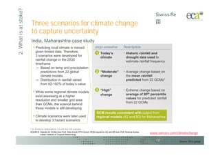 2. What is at stake?
                        Three scenarios for climate change
                        to capture uncertainty
                        India, Maharashtra case study
                         • Predicting local climate is inexact                           2030 scenarios               Description
                            given limited data. Therefore,                                1 Today’s                   • Historic rainfall and
                            3 scenarios were developed for                                  climate                      drought data used to
                            rainfall change in the 2030                                                                  estimate rainfall frequency
                            timeframe
                             – Based on temp and precipitation
                                predictions from 22 global                                2 “Moderate”                • Average change based on
                                climate models                                              change                       the mean rainfall
                             – Distribution in rainfall varied                                                           predicted from 22 GCMs1
                                from 92-102% of today’s value

                         • While some regional climate models                             3 “High”                    • Extreme change based on
                                                                                            change                       average of 90th percentile
                            exist assessing at a higher
                                                                                                                         values for predicted rainfall
                            resolution and smaller grid area
                                                                                                                         from 22 GCMs
                            than GCMs, the science behind
                            these models is still developing
                                                                                          GCM results consistent with output from
                         • Climate scenarios were later used                              regional models (A2 and B2) for Maharashtra
                            to develop 3 hazard scenarios

                       1 22 GCMs for Maharashtra, run with the A1B scenario
                       SOURCE: Results for GCMs from Prof. Reto Knutti, ETH Zurich; RCM results for A2 and B2 from Prof. Krishna Kumar,
                                Indian Institute of Tropical Meteorology
                                                                                                                                          www.swissre.com/climatechange

                                                                                                                                              12            Source: ECA group
 