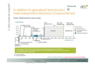 3. How could we respond?
                           In addition to agricultural ‘best practice’,
                           index-based micro insurance is a powerful tool
                           India, Maharashtra case study




                                                                                               Please find the full study at www.swissre.com/climatechange

                                                                                                                             17               Source: ECA group
                                       1 Estimated present value out to 2030 at 2009 dollars
 