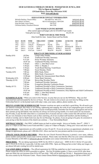 OUR SAVIOUR LUTHERAN CHURCH - WEEKEND OF JUNE 6, 2010
                                      “We’re Open on Sundays!”
                                 120 South Henry, Green Bay, Wisconsin 54302
                                            Web: www.oslc-gb.org
                   +++++++++++++++++++++++++++++++++++++++++++++++++++++++++++++++
                                 OUR SAVIOUR CONTACT INFORMATION
               Michelle Burhite, Church Office           468-4065/Fax: 468-5757                 info@oslc-gb.org
               Dave Hatch, Sr Pastor                  465-8118/Emergency: 609-0248             dave@oslc-gb.org
               Greg Hovland, Assoc Pastor                       544-3614                       greg@oslc-gb.org
               Christina Scholz, Preschool Director             468-3590                   christina@oslc-gb.org

                                                LAST WEEK’S GIVING REPORT
                                   (Our current approved budget calls for $10,680.53 per week)
                                Total gifts last week                                  $5,235.30
                                                     WHO’S ON DECK THIS WEEK
                                        Altar Guild for June: Jeanne Heuer and Sue Bruhn

               DAY     DATE        TIME        ORGANIST      USHER      ELDER        ACOLYTE       READER
               Thur    June 3      12:15 pm    n/a           n/a        n/a          n/a           n/a
               Thur    June 3      7:00 pm     Stephenie H   Paul K     Jeff L       Alex L        n/a
               Sun     June 6      7:45 am     Loren T       Matt D     Andrew P     Michaela M    Henry G
               Sun     June 6      9:15 am     Band          Randy V    Walter J     Sierra K      Nathan S
               Sun     June 6      10:45 am    Loren T       Royal B    Royal B      Nikki M       Rich R
                                           WHAT’S UP THIS WEEK AT OUR SAVIOUR
Sunday (6/6)               All Day         Camp Luther Sunday
                           7:45 am         Traditional Worship, Sanctuary
                           9:15 am         Praise Worship, Sanctuary
                           10:45 am        Traditional Worship, Sanctuary
                           5:30 pm         OSLC 1, John Muir Lower
                           5:30 pm         OSLC 2, Murphy 2
Monday (6/7)               5:30 pm         Youth Board Meeting, Youth Room
                           7:00 pm         Sweet Monday, Parlor
Tuesday (6/8)              7:00 am         Bible Study, Parlor
                           9:00 am         Bible Study, Classroom #1
                           12:00 pm        Deadline for Announcement Sheet Blurbs
Wednesday (6/9)            6:00 pm         Praise Band, Sanctuary
Thursday (6/10)            12:15 pm        Brown Bag Worship, Parlor
                           7:00 pm         Traditional Worship, Sanctuary
                           7:45 pm         Evangelism Meeting, Conference Room
Sunday (6/13)              7:45 am         Traditional Worship w/Holy Communion, Sanctuary
                           9:15 am         Traditional Worship w/Holy Communion, Sanctuary
                           10:45 am        Traditional Worship w/Holy Communion, Holy Baptism and Adult Confirmation
                           6:45 pm         OSLC 1, John Muir Bottom
                           6:45 pm         OSLC 2, Murphy 2
SUNSHINE IN JUNE – When you come to Our Saviour, we pray that you can see the SONshine. May you feel
welcomed here and surrounded by the love of Jesus. We ask visitors to let us know you were here by filling out the
Fellowship Pad (it‘s in the hymnal rack) with today‘s date, your name, address, phone number, etc.
HELP US AVOID THE SUMMER SLUMP -Summer vacations are upon us and that's a good thing. We all need to get
our batteries recharged. But while we are fishing, sightseeing and camping, the work of our congregation goes on and our
fixed costs remain...well...fixed. We ask that everyone would prayerfully remember Our Saviour congregation and not let
their summer giving fall behind. June and July are always our lowest giving months. It is much easier for our treasurer,
Gay Pivonka, to pay the bills when there is a consistent flow of income and not a roller coaster-like ebb and flow of cash.
We are very fortunate to have Pastors such as Dave and Greg, all of our excellent staff members and this building in
which to worship, and we thank God every day for our blessings. So, please, if you are going to be gone, be consistent in
your giving so that the mission of the church can continue. -- Your Stewardship Board
SOFTBALL’S BACK! – Our OSLC softball teams are back in action tonight. Join us on Sunday, June 6th…OSLC 1
plays at 5:30pm at John Muir Lower Field and OSLC 2 plays at 5:30pm at Murphy 2. Bring your voices and cheer us on!!
OLAN MILLS – Appointments are still available on June 28 and 29. If you do not have an appointment scheduled, or to
change an appointment, please call 1-800-866-2263. Allow one hour for your pictures and the review process.
UPDATE YOUR CHURCH RECORDS – When the new Church Pictorial Directory is printed, a new name, address,
phone number (and possibly email) roster will be included. Please make sure that the office has your correct information.
Contact Michelle at 468-4065 or info@oslc-gb.org and update your contact information as soon as possible.
PRESCHOOL – We are taking registrations NOW for the 2010-11 school year— MWF (8:30-11:30) for 4/5-year-olds
and T-TH (8:30-10:30) for 3-year-olds. Call this week (468-3596). Spots are filling up fast so don‘t delay any longer; we
are almost full and a waiting list will be started soon.
VACATION BIBLE SCHOOL – The official registration for VBS has ended but we don‘t want anyone to miss out.
Please contact the office as soon as possible to register. The first 50 children grades 1-5 have a cost of $10; after those
spots are filled, the cost increases from $10 to $25 per child. VBS will be held June 28-July 1. Registration forms are at
the extra counter by the Welcome Center. Please contact Donna Biebel at thynot@new.rr.com or call her at 468-5547.
 