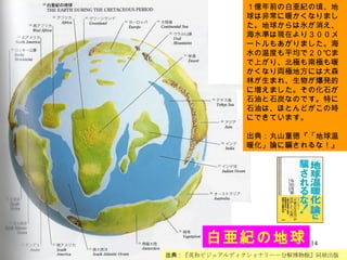 出典： 『英和ビジュアルディクショナリー－分解博物館』同朋出版   １億年前の白亜紀の頃、地球は非常に暖かくなりました。地球からは氷が消え、海水準は現在より３００メートルもあがりました。海水の温度も平均で２０℃まで上がり、北極も南極も暖かくなり両極地方には大森林が生まれ、生物が爆発的に増えました。その化石が石油と石炭なのです。特に石油は、ほとんどがこの時にできています。 　 出典：丸山重徳『「地球温暖化」論に騙されるな！』  白亜紀の地球 
