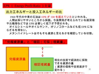 EPR （ Energy Profit Ratio ）とは 「究極資源量」と「確認（可採）埋蔵量」 究極資源量 確認埋蔵量 現在の技術で経済的に採取できる資源の量 （資源の価格や技術進歩で変わる） 出力エネルギーと投入エネルギーの比 　 1960 年代の中東の石油は EPR が 100 を超えていた といわれる。 　人間は採りやすいところから採掘。今後開発が考えられている超深海や北極海などでは EPR は著しく低下が予想される。 　オイルシェールやオイルサンド、オリノコタールなども低 EPR にならざるを得ない。 　メタンハイドレートはそもそも資源と言えるかを確認している状態。 本資料は東京電力の公式見解ではなく早坂の個人的見解です。また、目的外利用や複写による配布はご遠慮下さい。 