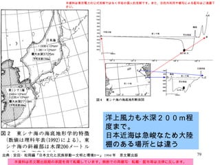 洋上風力も水深２００ｍ程度まで。 日本近海は急峻なため大陸棚のある場所とは違う 本資料は東京電力の公式見解ではなく早坂の個人的見解です。また、目的外利用や複写による配布はご遠慮下さい。 本資料は思文閣出版殿の承諾を得て転載しています。無断での再複写・転載・配布等は法律に反します。 出典：安田・松岡編『日本文化と民族移動ー文明と環境Ⅱー』 1994 年　思文閣出版 