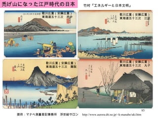 禿げ山になった江戸時代の日本 歌川広重（安藤広重） 東海道五十三次　江尻 歌川広重（安藤広重） 東海道五十三次　丸子 歌川広重（安藤広重） 東海道五十三次　府中 歌川広重（安藤広重） 東海道五十三次　舞阪 提供：マナベ測量登記事務所　浮世絵サロン　 http://www.aurora.dti.ne.jp/~k-manabe/uki.htm 竹村『エネルギーと日本文明』 