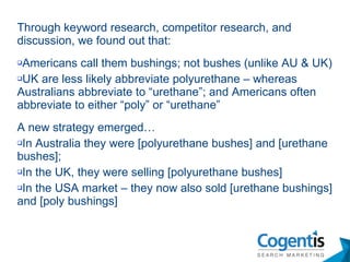 Through keyword research, competitor research, and discussion, we found out that: Americans call them bushings; not bushes (unlike AU & UK) UK are less likely abbreviate polyurethane – whereas Australians abbreviate to “urethane”; and Americans often abbreviate to either “poly” or “urethane” A new strategy emerged… In Australia they were [polyurethane bushes] and [urethane bushes];  In the UK, they were selling [polyurethane bushes] In the USA market – they now also sold [urethane bushings] and [poly bushings] 