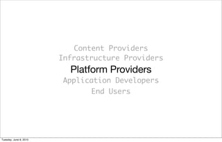 Content Providers
                        Infrastructure Providers
                          Platform Providers
                        Application Developers
                              End Users




Tuesday, June 8, 2010
 