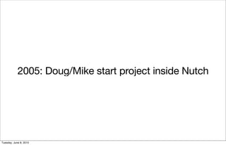 2005: Doug/Mike start project inside Nutch




Tuesday, June 8, 2010
 