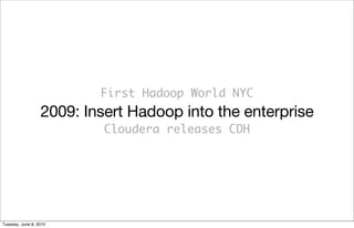 First Hadoop World NYC
                  2009: Insert Hadoop into the enterprise
                           Cloudera releases CDH




Tuesday, June 8, 2010
 