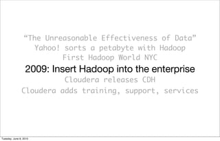 “The Unreasonable Effectiveness of Data”
                   Yahoo! sorts a petabyte with Hadoop
                          First Hadoop World NYC
                  2009: Insert Hadoop into the enterprise
                         Cloudera releases CDH
               Cloudera adds training, support, services




Tuesday, June 8, 2010
 