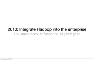 2010: Integrate Hadoop into the enterprise
                        IBM announces InfoSphere BigInsights




Tuesday, June 8, 2010
 