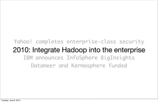 Yahoo! completes enterprise-class security
             2010: Integrate Hadoop into the enterprise
                        IBM announces InfoSphere BigInsights
                          Datameer and Karmasphere funded




Tuesday, June 8, 2010
 