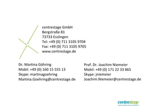 Dr. Martina Göhring Mobil: +49 (0) 160 15 555 13 Skype: martinagoehring [email_address] Prof. Dr. Joachim Niemeier Mobil: +49 (0) 171 22 33 865 Skype: jniemeier [email_address] centrestage GmbH Bergstraße 81 73733 Esslingen Tel: +49 (0) 711 3105 9704 Fax: +49 (0) 711 3105 9705 www.centrestage.de 