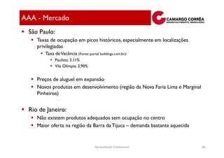AAA - Mercado
 São Paulo:
    Taxas de ocupação em picos históricos, especialmente em localizações
    privilegiadas
       Taxa de Vacância (Fonte: portal buildings.com.br):
            Paulista: 3,11%
            Vila Olímpia: 3,90%


    Preços de aluguel em expansão
    Novos produtos em desenvolvimento (região da Nova Faria Lima e Marginal
    Pinheiros)


 Rio de Janeiro:
    Não existem produtos adequados sem ocupação no centro
    Maior oferta na região da Barra da Tijuca – demanda bastante aquecida


                                     Apresentação Institucional               28
 