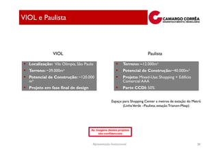 VIOL e Paulista



               VIOL                                                       Paulista

  Localização: Vila Olímpia, São Paulo                      Terreno: ~12.000m²
  Terreno: ~39.000m²                                        Potencial de Construção:~40.000m²
  Potencial de Construção: ~120.000                         Projeto: Mixed-Use: Shopping + Edifício
  m²                                                        Comercial AAA
  Projeto em fase final de design                           Parte CCDI: 50%


                                                   Espaço para Shopping Center a metros de estação do Metrô
                                                          (Linha Verde –Paulista; estação Trianon-Masp)




                                    As imagens destes projetos
                                         são confidenciais


                                     Apresentação Institucional                                         30
 
