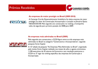 Prêmios Recebidos

             As empresas de maior prestígio no Brasil (2009-2010)
             A Camargo Corrêa Desenvolvimento Imobiliário foi eleita empresa de maior
             prestígio no setor de Construção, Incorporação e Locação no Anuário Época
             NEGÓCIOS100. Pelo segundo ano consecutivo no ranking, a Companhia
             subiu da segunda para primeira posição de 2008 para 2009.




            As empresas mais admiradas no Brasil (2009)
            Pelo segundo ano consecutivo, a CCDI figura entre as três empresas mais
            admiradas no Brasil na categoria “Construtoras e Incorporadoras”, segundo
            pesquisa Carta Capital.
            A 12ª edição da pesquisa “As Empresas Mais Admiradas no Brasil”, organizada
            pela revista Carta Capital, realizada nos meses de julho e agosto, entrevistou
            1.238 executivos de 42 setores da Economia e seu resultado posicionou a
            CCDI no 3º lugar do ranking específico das empresas de Construção e
            Incorporação.



                             Apresentação Institucional                                      34
 
