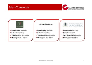 Salas Comerciais




  Localização: São Paulo       Localização: São Paulo         Localização: São Paulo
  Salas Comerciais             Salas Comerciais               Salas Comerciais
  VGV Total: R$ 38,4 milhões   VGV Total: R$ 64,0 milhões     VGV Total: R$ 74,1 milhões
  Metragem: 50 a 102 m²        Metragem: 35 a 191 m²          Metragem: 40 a 55 m²




                                 Apresentação Institucional                                57
 