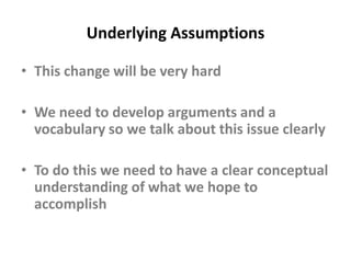 Unless current collection practices are changed, libraries cannot change, except on the margins.Underlying AssumptionsThis change will be very hardWe need to develop arguments and a vocabulary so we talk about this issue clearlyTo do this we need to have a clear conceptual understanding of what we hope to accomplish