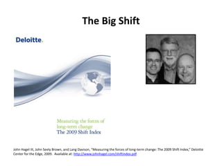 The Big ShiftJohn Hagel III, John Seely Brown, and Lang Davison, “Measuring the forces of long-term change: The 2009 Shift Index,” Deloitte Center for the Edge, 2009.  Available at: http://www.johnhagel.com/shiftindex.pdf