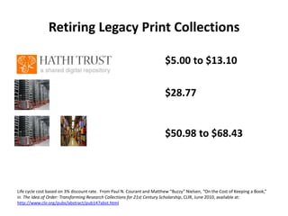 What is Easy and What is Hard?Moving from print to electronic booksRetiring legacy print collectionsMigrating the focus of collections from purchasing materials to curating content