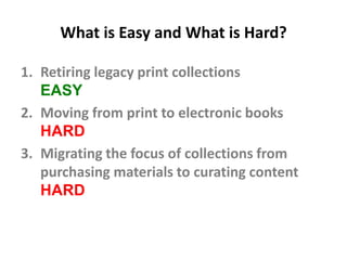 Retiring Legacy Print CollectionsARL libraries archive print copies in long-term storage facilities — collaboratively or notHathiTrust and Google (and others) provide digital archive with print back-upEveryone else free rides on these efforts