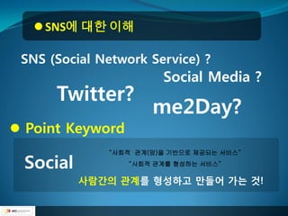  SNS에 대한 이해

 SNS (Social Network Service) ?
                        Social Media ?
      Twitter?
                      me2Day?
 Point Keyword

 Social
              “사회적 관계(망)을 기반으로 제공되는 서비스”
                  “사회적 관계를 형성하는 서비스”

          사람갂의 관계를 형성하고 만들어 가는 것!
 