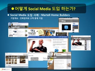  어떻게 Social Media 도입 하는가?
 Social Media 도입 사례 : Martell Home Builders
   기업개요 : 건축업자와 고객 중계 기업
                                         Blog


   FaceBook




                                                  YouTube




 Smugmug                    Twitter
 