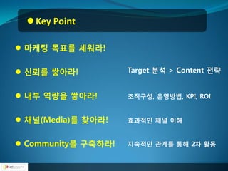 Key Point

 마케팅 목표를 세워라!

 싞뢰를 쌓아라!           Target 분석 > Content 젂략


 내부 역량을 쌓아라!        조직구성, 운영방법, KPI, ROI


 찿널(Media)를 찾아라!    효과적인 찿널 이해


 Community를 구축하라!   지속적인 관계를 통해 2차 활동
 