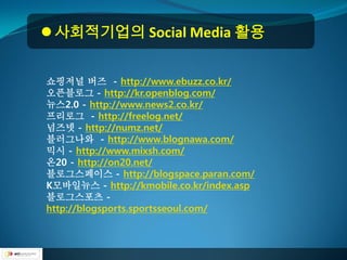  사회적기업의 Social Media 활용


쇼핑저널 버즈 - http://www.ebuzz.co.kr/
오픈블로그 - http://kr.openblog.com/
뉴스2.0 - http://www.news2.co.kr/
프리로그 - http://freelog.net/
넘즈넷 - http://numz.net/
블러그나와 - http://www.blognawa.com/
믹시 - http://www.mixsh.com/
온20 - http://on20.net/
블로그스페이스 - http://blogspace.paran.com/
K모바일뉴스 - http://kmobile.co.kr/index.asp
블로그스포츠 -
http://blogsports.sportsseoul.com/
 