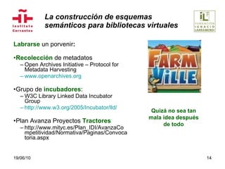 La construcción de esquemas  semánticos para bibliotecas virtuales Labrarse   un porvenir : Recolección  de metadatos Open Archives Initiative – Protocol for Metadata Harvesting www.openarchives.org Grupo de  incubadores : W3C Library Linked Data Incubator Group http://www.w3.org/2005/Incubator/lld/   Plan Avanza Proyectos  Tractores http://www.mityc.es/Plan_IDI/AvanzaCompetitividad/Normativa/Paginas/Convocatoria.aspx 19/06/10 Quizá no sea tan mala idea después de todo 