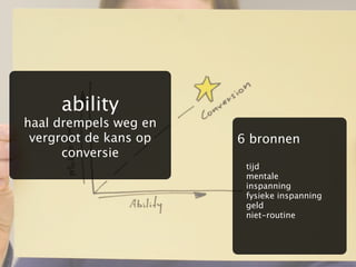 ability
haal drempels weg en
 vergroot de kans op   6 bronnen
      conversie
                        tijd
                        mentale
                        inspanning
                        fysieke inspanning
                        geld
                        niet-routine
 