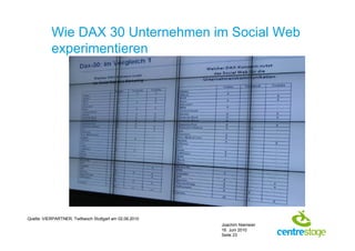 Wie DAX 30 Unternehmen im Social Web
           experimentieren




Quelle: VIERPARTNER, Twittwoch Stuttgart am 02.06.2010
                                                         Joachim Niemeier
                                                         16. Juni 2010
                                                         Seite 23
 