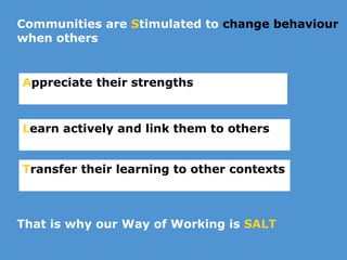 Communities are  S timulated to  change behaviour  when others That is why our Way of Working is  SALT  A ppreciate their strengths T ransfer their learning to other contexts L earn actively and link them to others 