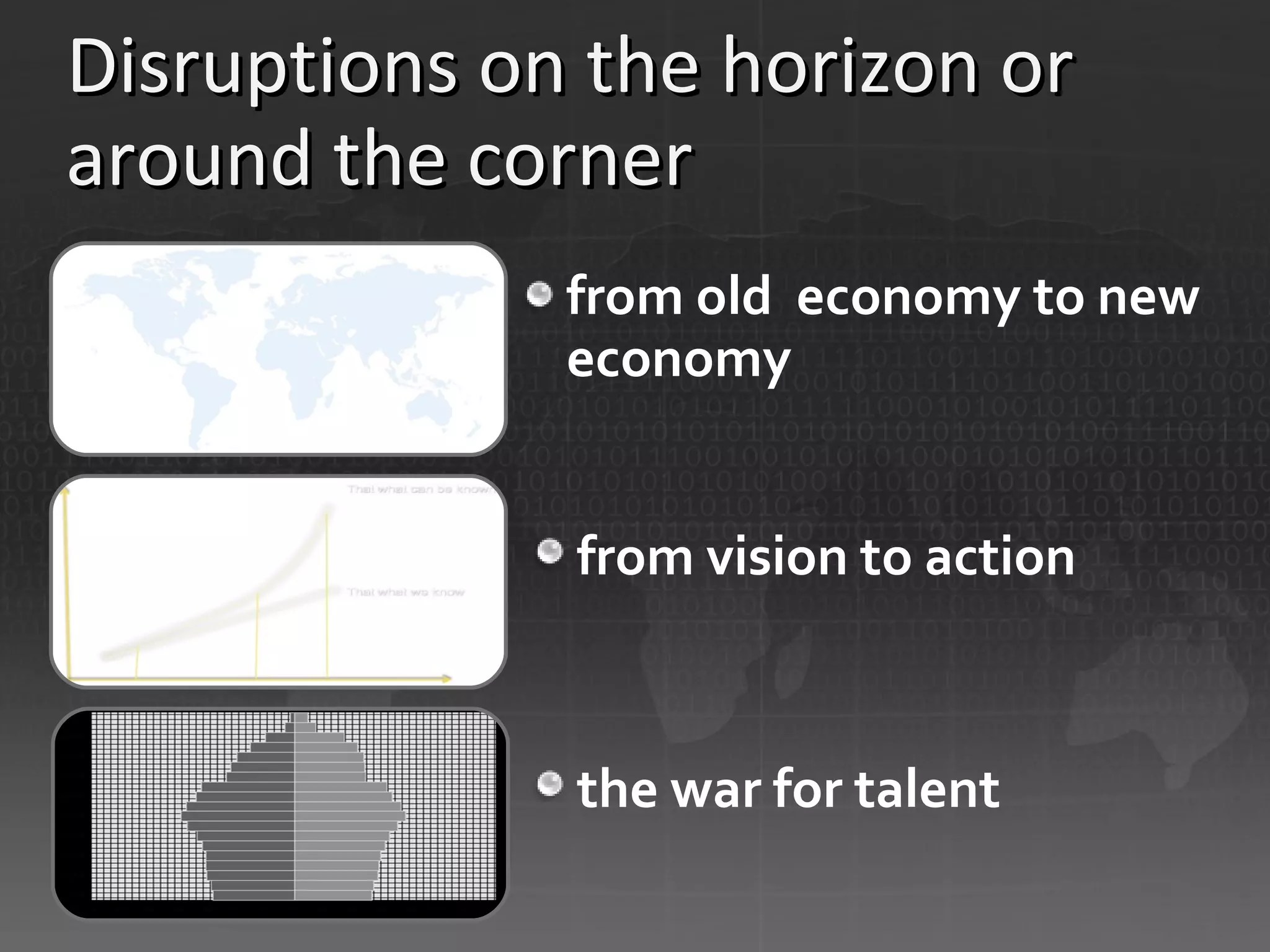 Disruptions on the horizon or around the corner from old  economy to new economy from vision to action the war for talent 