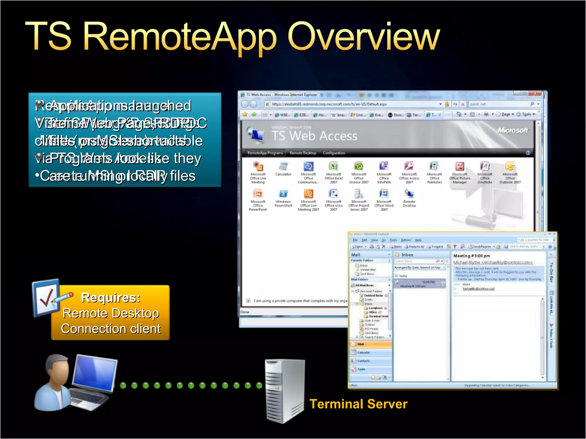 Terminal Server Requires: Vista SP1 or XP SP3 RDC client (mstsc.exe) Applications launched from Web Page, RDP files or MSI shortucts Programs look like they are running locally RemoteApp manager Define program settings Make programs available via TS Web Access Create MSI or RDP files Requires: Remote Desktop Connection client 