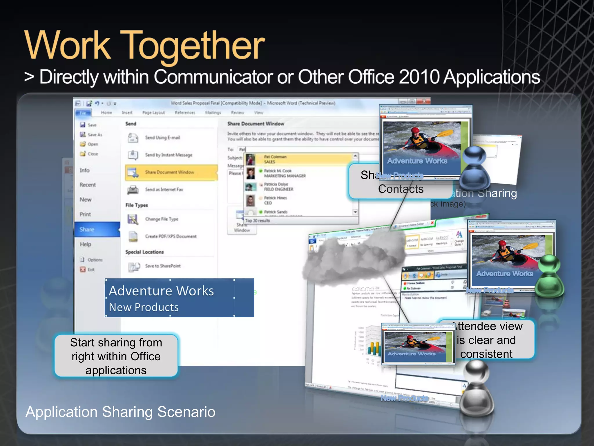 Capability description:  Start an immediate application sharing session with a couple of clicks from the Backstage view of popular Office 2010 applications or Office Communicator 2010.  New capability:  Application Sharing Challenge:  Travel and 3 rd  party conferencing tools are expensive, and  meetings are less effective without a shared canvas. Potential savings/efficiency gains:  Reduce travel costs and 3 rd  party conferencing and phone charges by replacing meetings and training with integrated IM, Voice, Web, Audio and Video conferencing. Application Sharing Scenario < Click here App Sharing Scenario (Click Image) Application Sharing (Click Image) Share with your Contacts Attendee view is clear and consistent Internet Start sharing from right within Office applications 