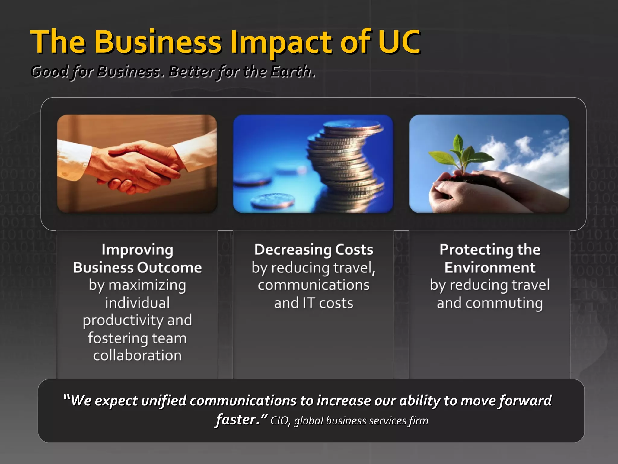 The Business Impact of UC Good for Business. Better for the Earth.  “ We expect unified communications to increase our ability to move forward faster.”  CIO, global business services firm 