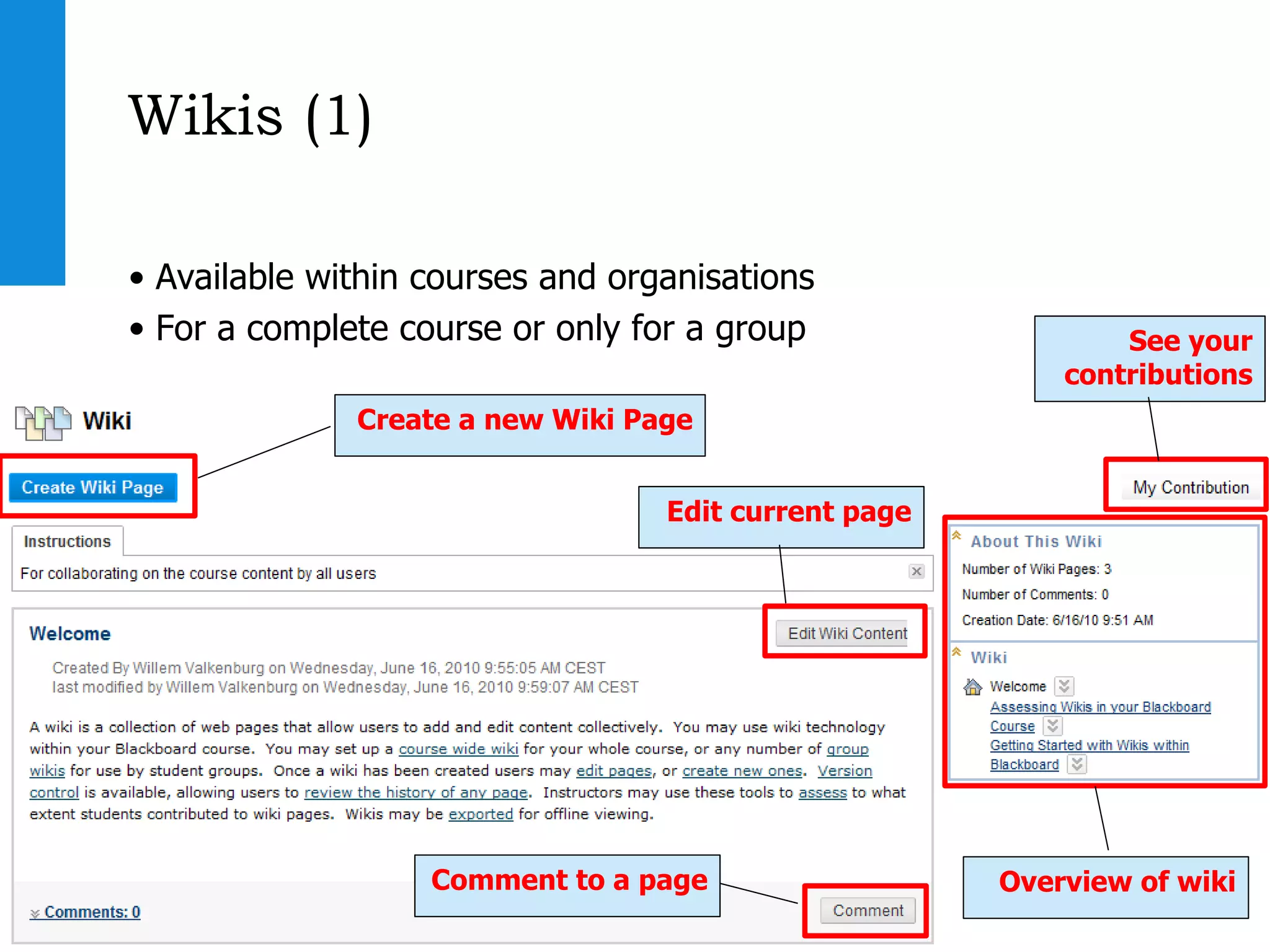 Wikis (1) Available within courses and organisations For a complete course or only for a group Create a new Wiki Page Edit current page Comment to a page See your contributions Overview of wiki 