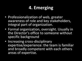 Pattern 7: You get what you
                practice
• If you tell me you’re training for the Boston
  Marathon, and I come over to your house, I expect to
  see sweat socks and running shoes in your hallway
  and pasta in the fridge.
• Is your executive team working hard enough? Do you
  see the tangible evidence (meetings, hires, spending,
  focus) that this is important to your organization?
• By the time you need to be good at this, it’s too late
  to start training.
• Gladwell’s “10,000 hours”
 