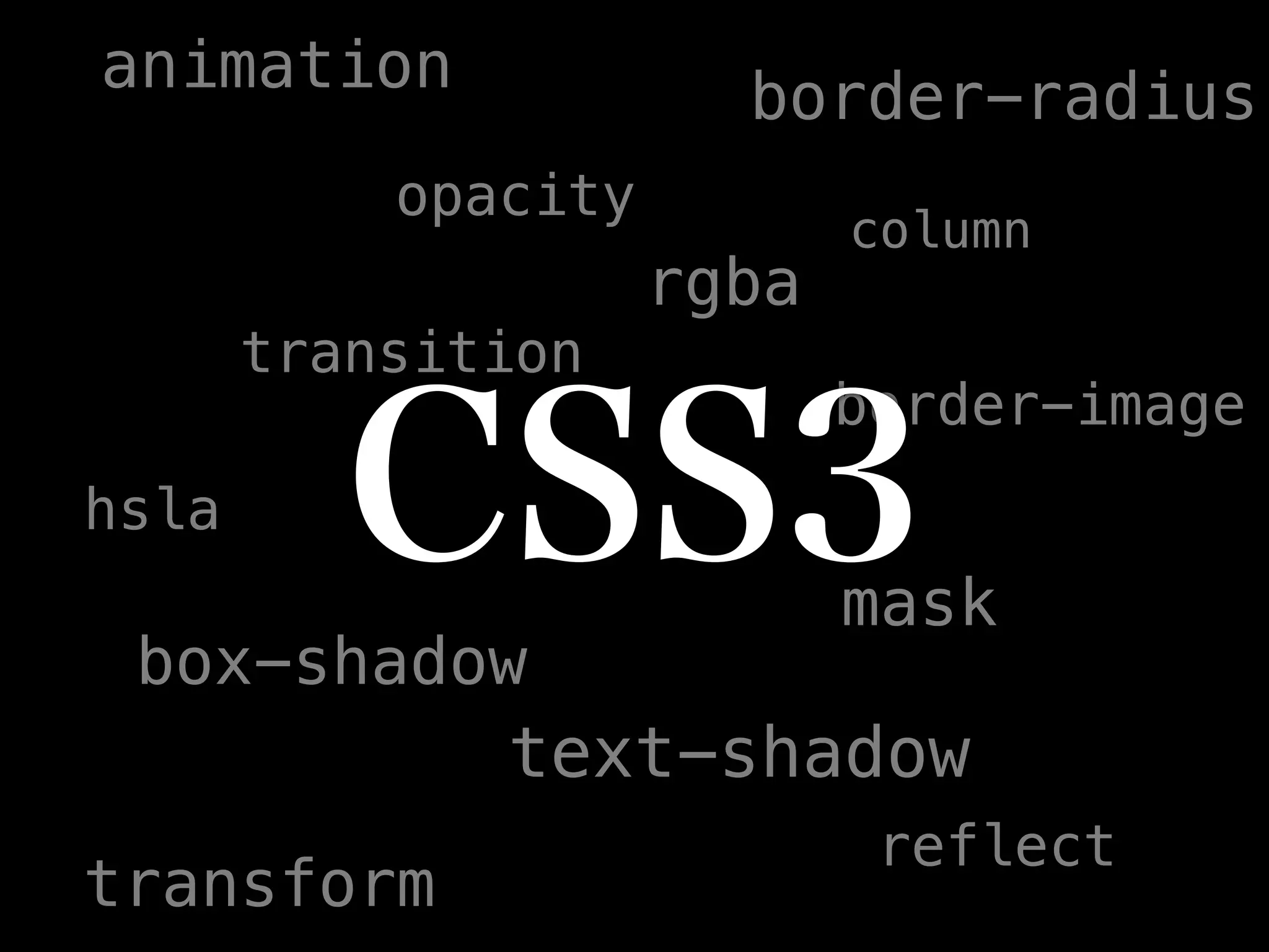 animation              border-radius
           opacity
                            column
                     rgba
       transition
                            border-image
hsla
                            mask
 box-shadow
              text-shadow
                             reflect
transform
 