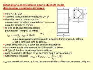 Dispositions constructives pour la ductilité locale
des poteaux sismiques primaires.
● 0,01 < l ≤ 0,04
● Sections transversales symétriques:  = ’
● Dans les nœuds poteau – poutre:
au moins une armature intermédiaire
entre les armatures d’angle
● le long de chaque face du poteau,
pour assurer l’intégrité du nœud
(m)
hc est la plus grande dimension de la section transversale du poteau
lcl est la longueur libre du poteau.
● zones critiques sur lcr à partir des sections d’extrémité
● armature transversale assurant le confinement du béton.
● Si lcl/hc<3, hauteur totale du poteau = critique
● zone des rotules plastique => µ au moins égal à la valeur critère
● Confinement : réaliser
wd rapport mécanique en volume des armatures de confinement en zones critiques
 450,;6/;max clccr lhl 
035,030
o
c
dsy,dwd 
b
b
v  
FABI
Cycle Eurocodes
2010-2011
 