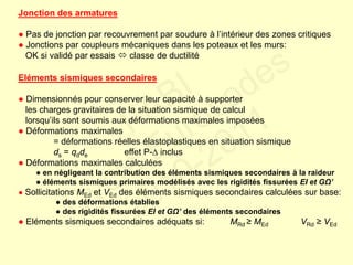 Jonction des armatures
● Pas de jonction par recouvrement par soudure à l’intérieur des zones critiques
● Jonctions par coupleurs mécaniques dans les poteaux et les murs:
OK si validé par essais  classe de ductilité
Eléments sismiques secondaires
● Dimensionnés pour conserver leur capacité à supporter
les charges gravitaires de la situation sismique de calcul
lorsqu’ils sont soumis aux déformations maximales imposées
● Déformations maximales
= déformations réelles élastoplastiques en situation sismique
ds = qdde effet P- inclus
● Déformations maximales calculées
● en négligeant la contribution des éléments sismiques secondaires à la raideur
● éléments sismiques primaires modélisés avec les rigidités fissurées EI et GΩ’
● Sollicitations MEd et VEd des éléments sismiques secondaires calculées sur base:
● des déformations établies
● des rigidités fissurées EI et GΩ’ des éléments secondaires
● Eléments sismiques secondaires adéquats si: MRd ≥ MEd VRd ≥ VEd
FABI
Cycle Eurocodes
2010-2011
 