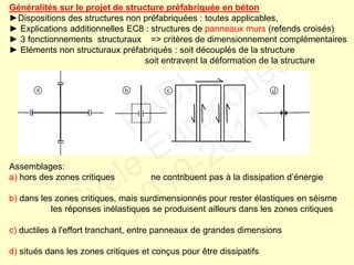 Généralités sur le projet de structure préfabriquée en béton
►Dispositions des structures non préfabriquées : toutes applicables,
► Explications additionnelles EC8 : structures de panneaux murs (refends croisés)
► 3 fonctionnements structuraux => critères de dimensionnement complémentaires
► Eléments non structuraux préfabriqués : soit découplés de la structure
soit entravent la déformation de la structure
Assemblages:
a) hors des zones critiques ne contribuent pas à la dissipation d’énergie
b) dans les zones critiques, mais surdimensionnés pour rester élastiques en séisme
les réponses inélastiques se produisent ailleurs dans les zones critiques
c) ductiles à l'effort tranchant, entre panneaux de grandes dimensions
d) situés dans les zones critiques et conçus pour être dissipatifs
FABI
Cycle Eurocodes
2010-2011
 