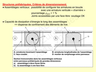 Structures préfabriquées. Critères de dimensionnement.
● Assemblages verticaux: possibilité de configurer les armatures en boucle
avec une armature verticale « charnière »
pourcentage cmin = 1 %
Joints accessibles par une face libre: soudage OK
● Capacité de dissipation d’énergie le long des assemblages
=> dispense de confinement des éléments de rive
A: armatures traversant l’assemblage B: armatures longitudinales de l’assemblage
C: face crantée D: mortier de remplissage entre panneaux
Section transversales dans les assemblages verticaux
entre panneaux préfabriqués de grandes dimensions
a) assemblage à deux faces libres
b) b) assemblage à une face libre
FABI
Cycle Eurocodes
2010-2011
 